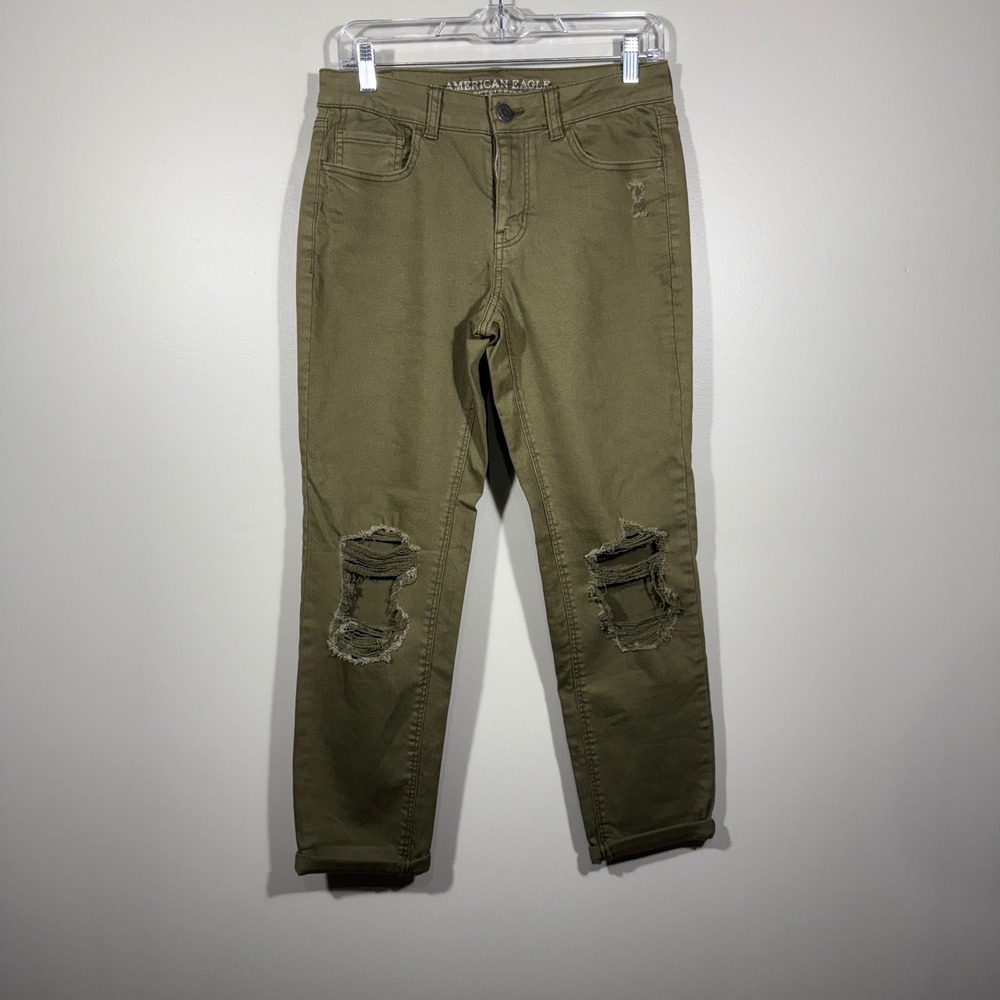 American Eagle Outfitters Tomgirl Olive Green Ripped Distressed Jeans Size 2Long
